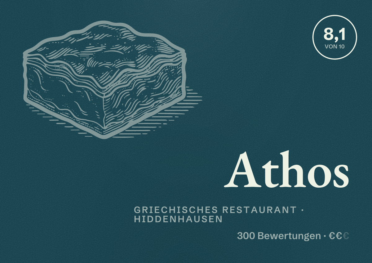 Illustriertes Poster von Athos, Griechisches Restaurant in Hiddenhausen: Bewertung 8,1 von 10 aus 300 Bewertungen, Preisniveau €€