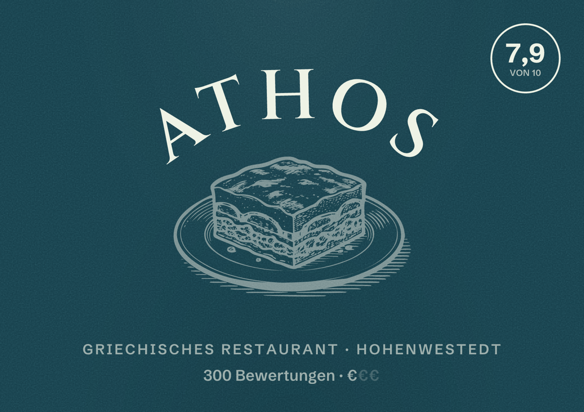 Illustriertes Poster von Athos, Griechisches Restaurant in Hohenwestedt: Bewertung 7,9 von 10 aus 300 Bewertungen, Preisniveau €