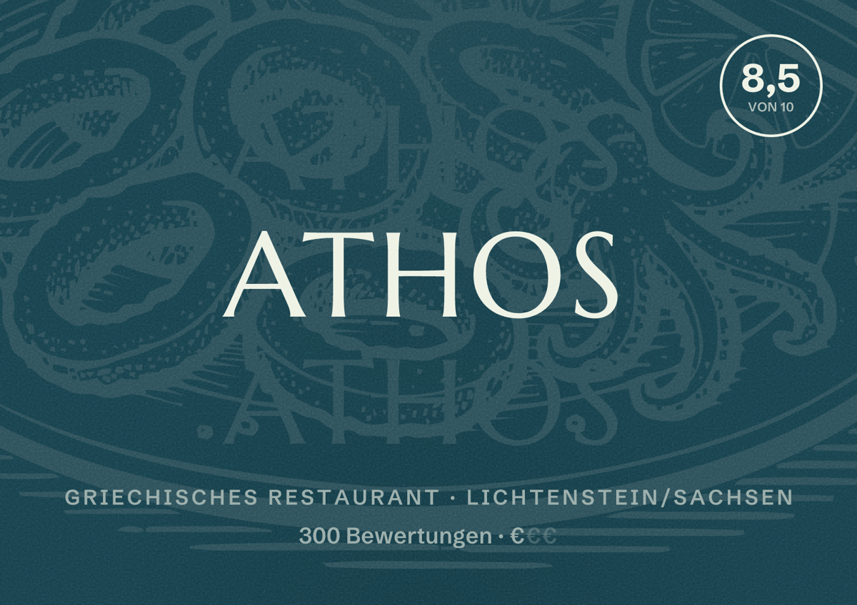 Illustriertes Poster von Athos, Griechisches Restaurant in Lichtenstein/Sachsen: Bewertung 8,5 von 10 aus 300 Bewertungen, Preisniveau €