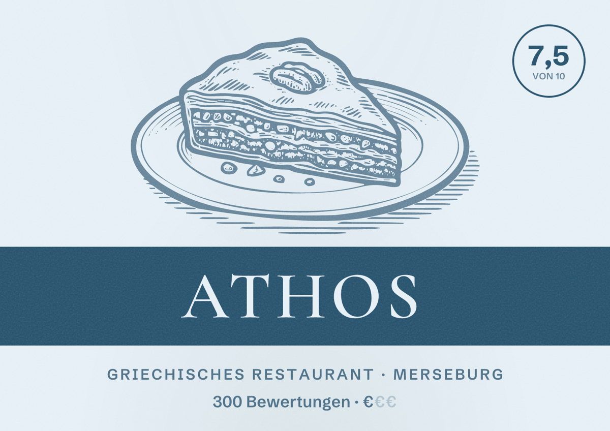 Illustriertes Poster von Athos, Griechisches Restaurant in Merseburg: Bewertung 7,5 von 10 aus 300 Bewertungen, Preisniveau €