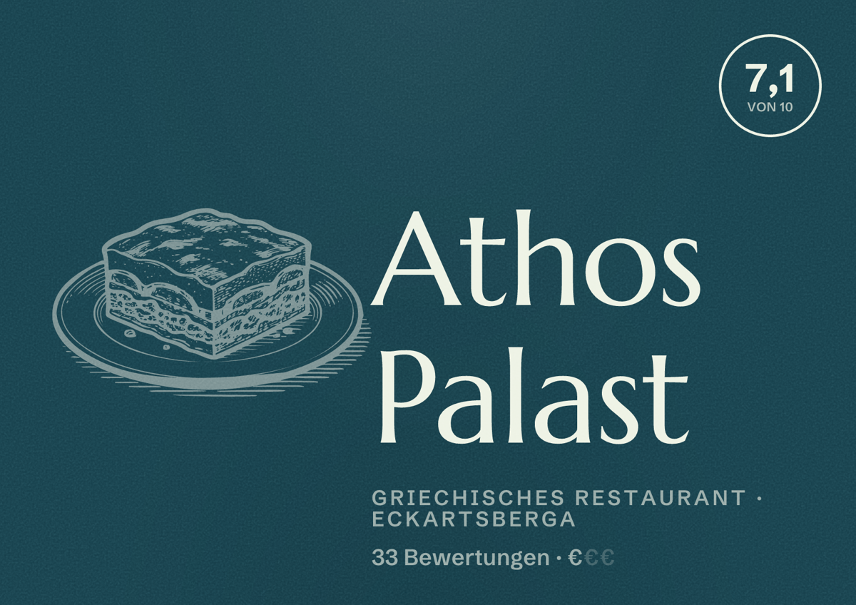 Illustriertes Poster von Athos Palast, Griechisches Restaurant in Eckartsberga: Bewertung 7,1 von 10 aus 33 Bewertungen, Preisniveau €