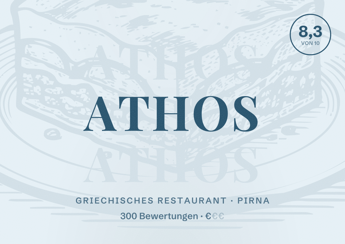 Illustriertes Poster von ATHOS, Griechisches Restaurant in Pirna: Bewertung 8,3 von 10 aus 300 Bewertungen, Preisniveau €