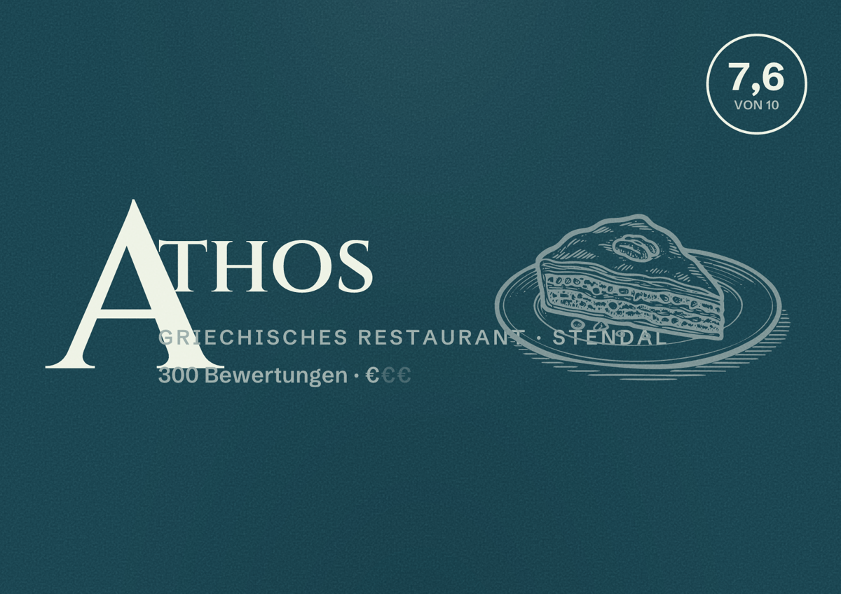 Illustriertes Poster von Athos, Griechisches Restaurant in Stendal: Bewertung 7,6 von 10 aus 300 Bewertungen, Preisniveau €