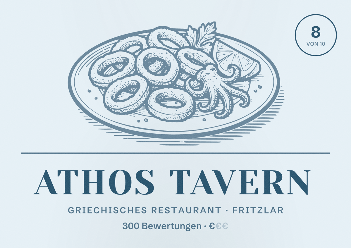 Illustriertes Poster von Athos Tavern, Griechisches Restaurant in Fritzlar: Bewertung 8 von 10 aus 300 Bewertungen, Preisniveau €