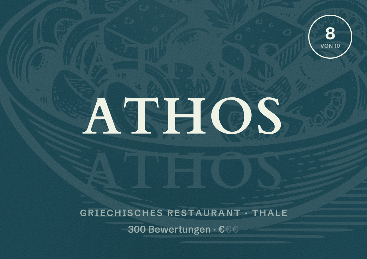 Illustriertes Poster von Athos, Griechisches Restaurant in Thale: Bewertung 8 von 10 aus 300 Bewertungen, Preisniveau €