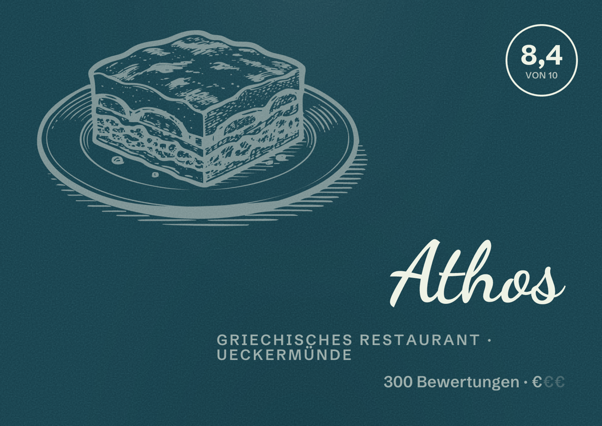 Illustriertes Poster von Athos, Griechisches Restaurant in Ueckermünde: Bewertung 8,4 von 10 aus 300 Bewertungen, Preisniveau €