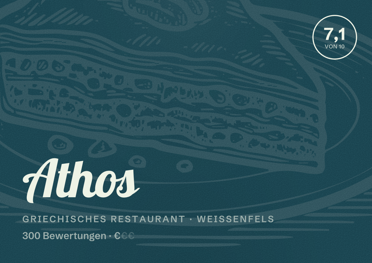 Illustriertes Poster von Athos, Griechisches Restaurant in Weißenfels: Bewertung 7,1 von 10 aus 300 Bewertungen, Preisniveau €