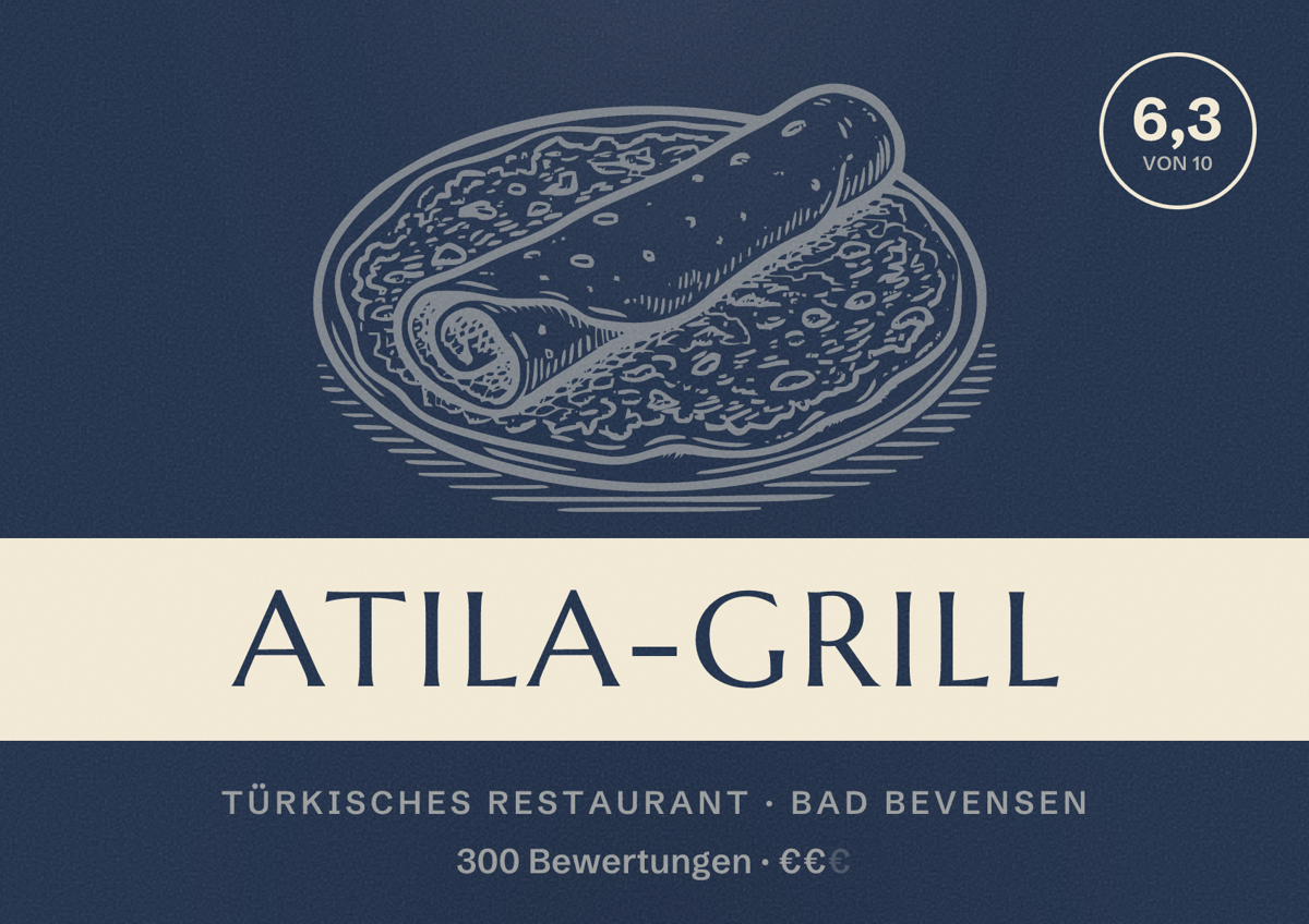 Illustriertes Poster von Atila-Grill, Türkisches Restaurant in Bad Bevensen: Bewertung 6,3 von 10 aus 300 Bewertungen, Preisniveau €€