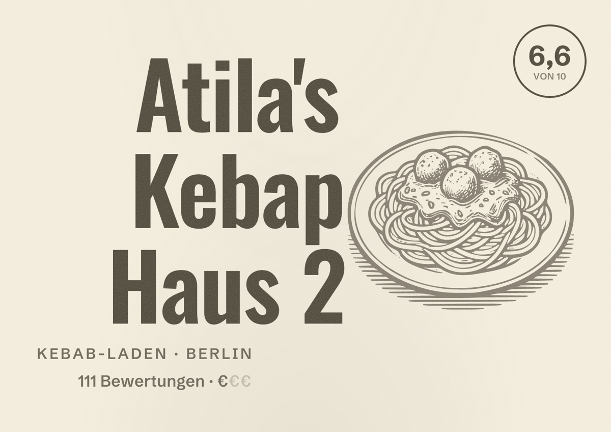 Illustriertes Poster von Atila's Kebap Haus 2, Kebab-Laden in Berlin: Bewertung 6,6 von 10 aus 111 Bewertungen, Preisniveau €