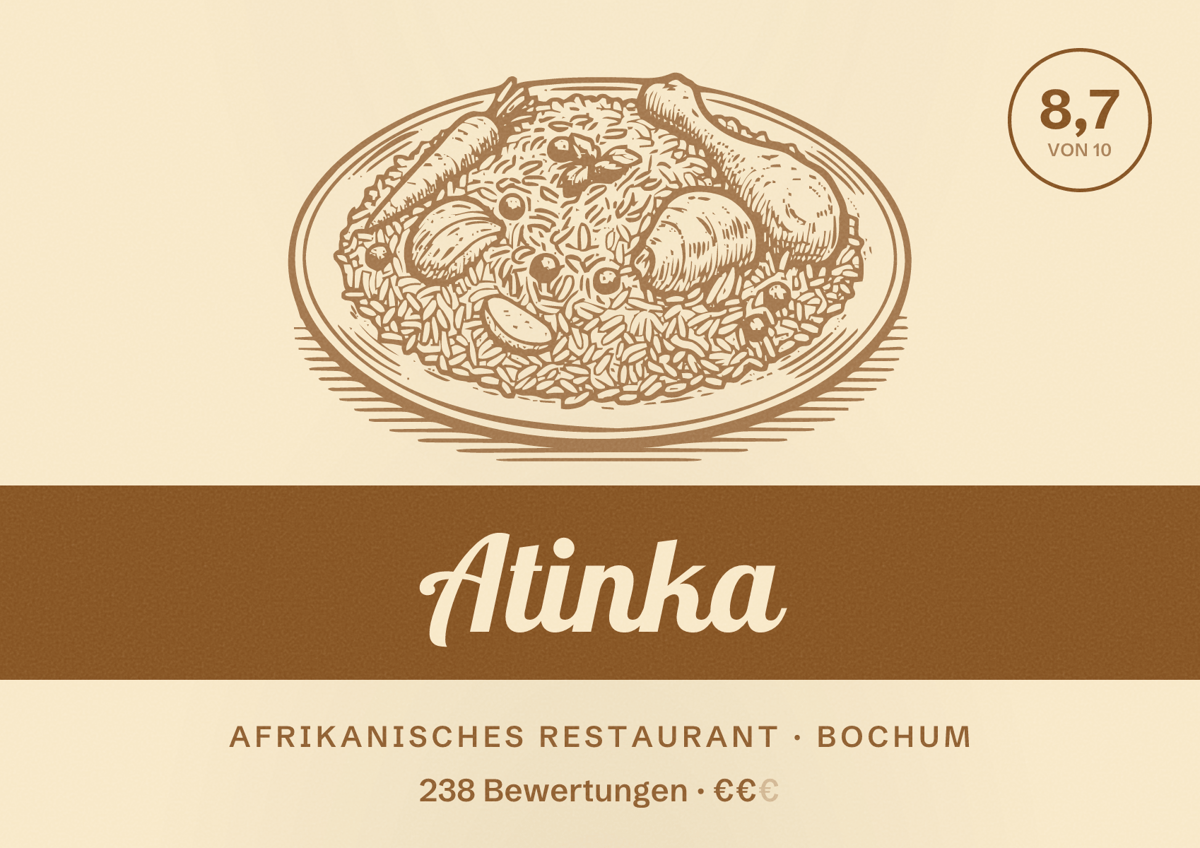 Illustriertes Poster von Atinka, Afrikanisches Restaurant in Bochum: Bewertung 8,7 von 10 aus 238 Bewertungen, Preisniveau €€