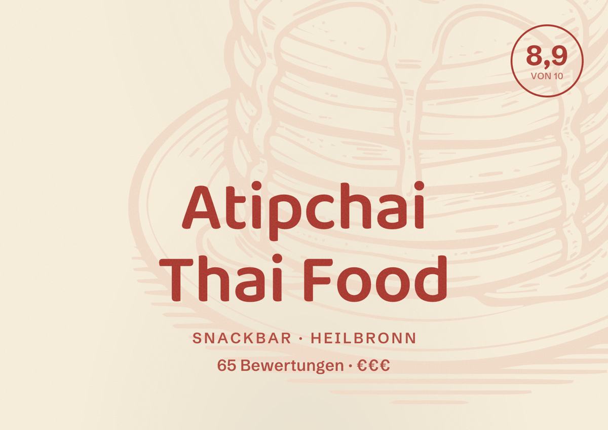 Illustriertes Poster von Atipchai Thai Food, Snackbar in Heilbronn: Bewertung 8,9 von 10 aus 65 Bewertungen, Preisniveau €€€