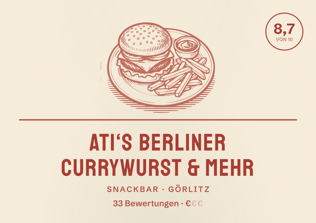 Illustriertes Poster von Ati‘s Berliner Currywurst & mehr, Snackbar in Görlitz: Bewertung 8,7 von 10 aus 33 Bewertungen, Preisniveau €