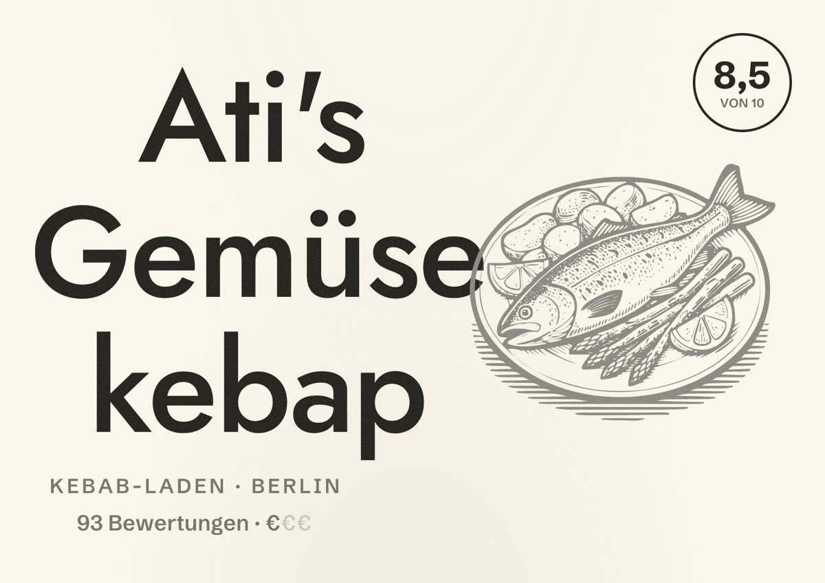 Illustriertes Poster von Ati's Gemüse kebap, Kebab-Laden in Berlin: Bewertung 8,5 von 10 aus 93 Bewertungen, Preisniveau €