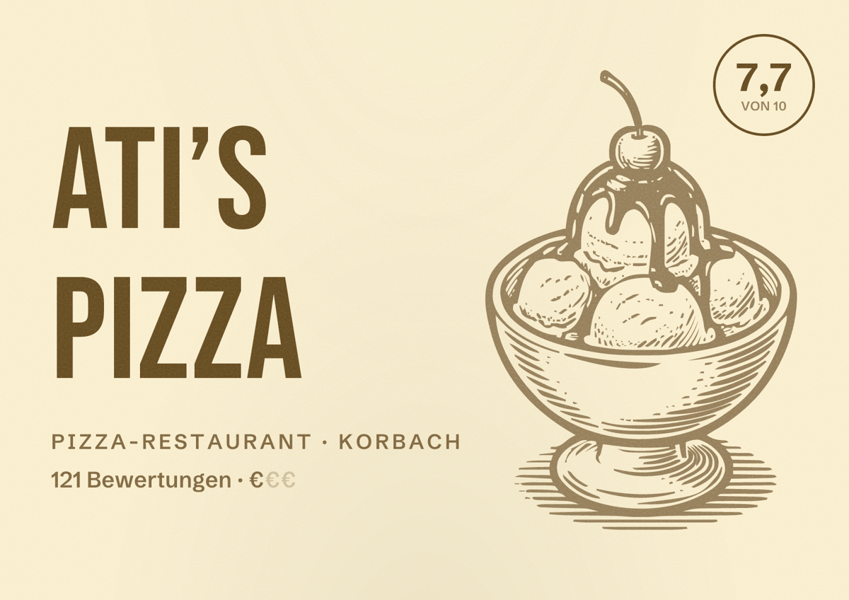 Illustriertes Poster von Ati’s Pizza, Pizza-Restaurant in Korbach: Bewertung 7,7 von 10 aus 121 Bewertungen, Preisniveau €