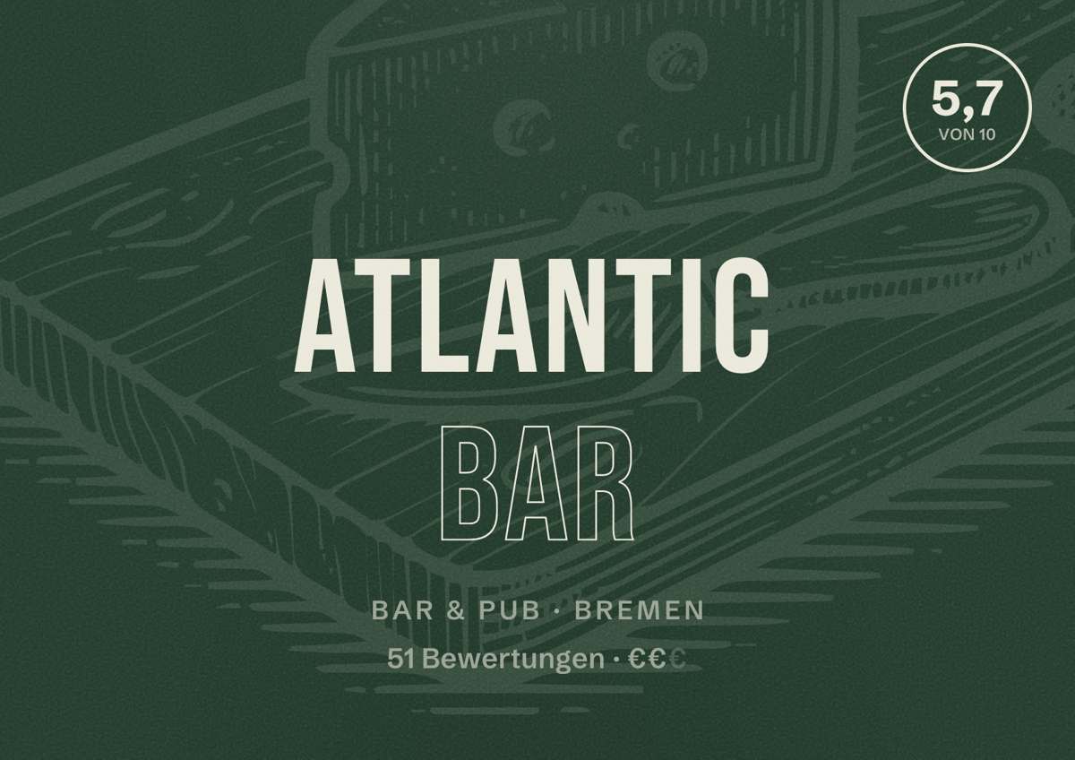 Illustriertes Poster von ATLANTIC Bar, Bar & Pub in Bremen: Bewertung 5,7 von 10 aus 51 Bewertungen, Preisniveau €€