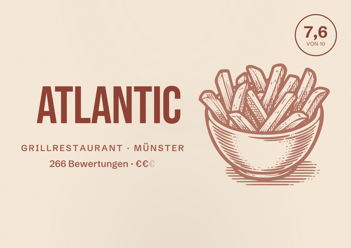 Illustriertes Poster von ATLANTIC, Grillrestaurant in Münster: Bewertung 7,6 von 10 aus 266 Bewertungen, Preisniveau €€