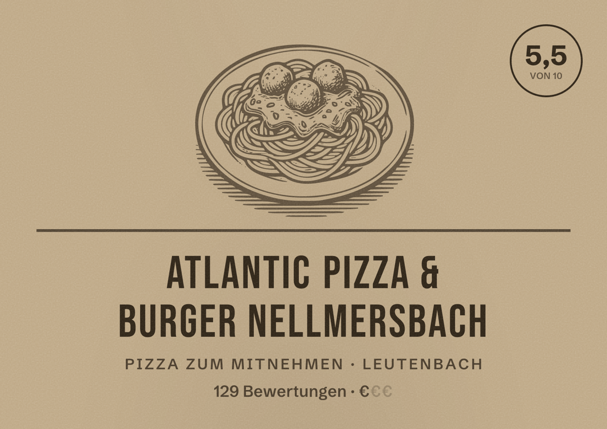Illustriertes Poster von Atlantic Pizza & Burger Nellmersbach, Pizza zum Mitnehmen in Leutenbach: Bewertung 5,5 von 10 aus 129 Bewertungen, Preisniveau €