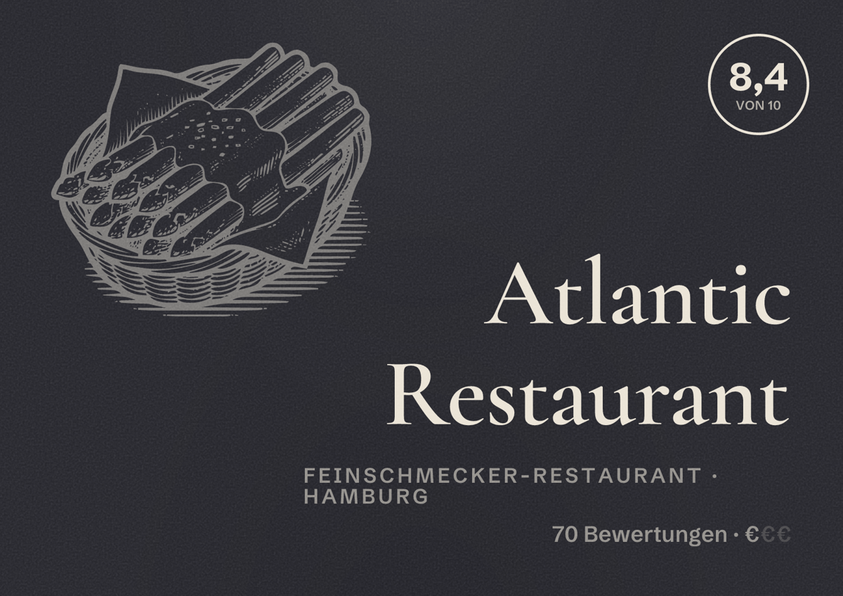 Illustriertes Poster von Atlantic Restaurant, Feinschmecker-Restaurant in Hamburg: Bewertung 8,4 von 10 aus 70 Bewertungen, Preisniveau €