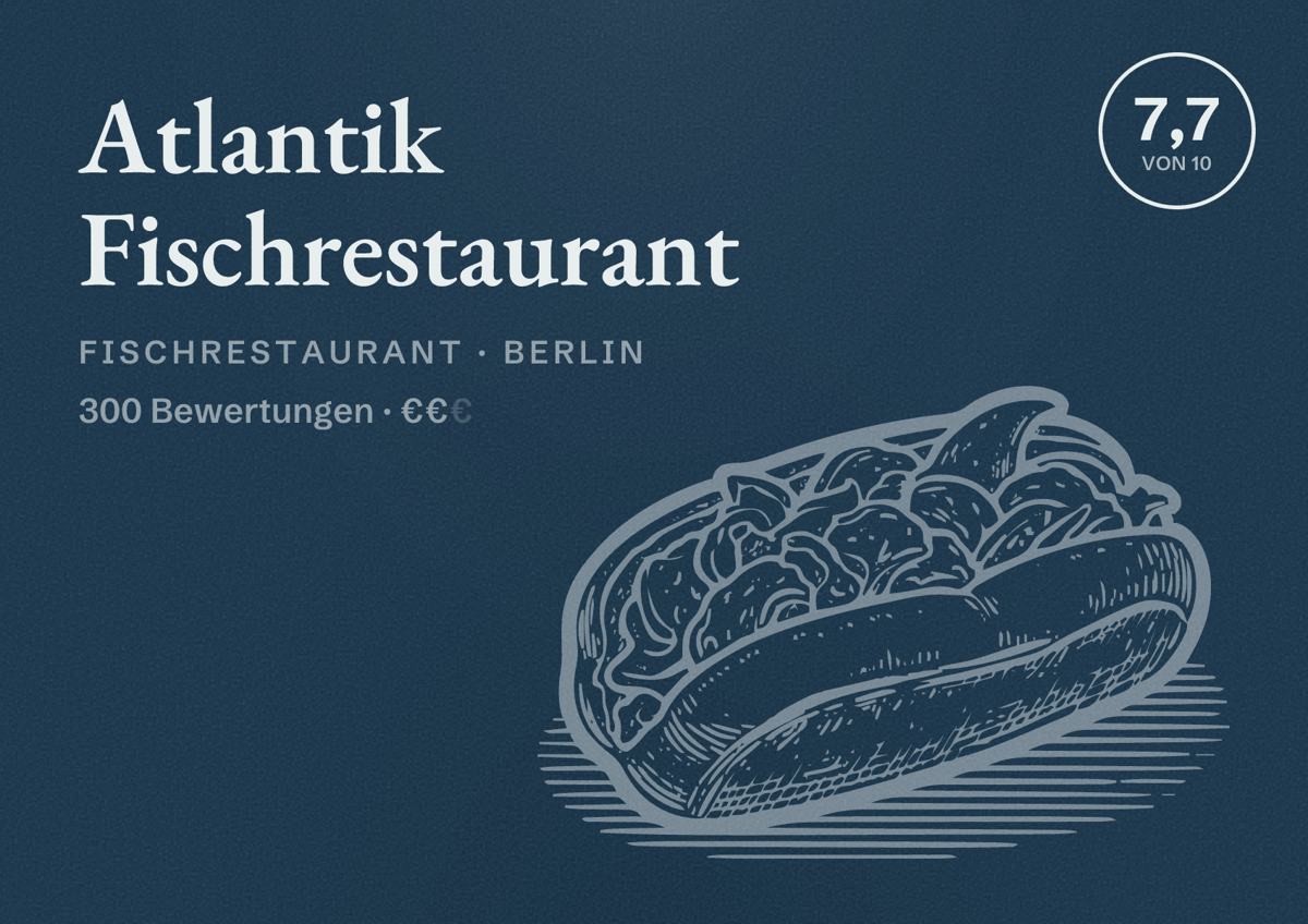 Illustriertes Poster von Atlantik Fischrestaurant, Fischrestaurant in Berlin: Bewertung 7,7 von 10 aus 300 Bewertungen, Preisniveau €€