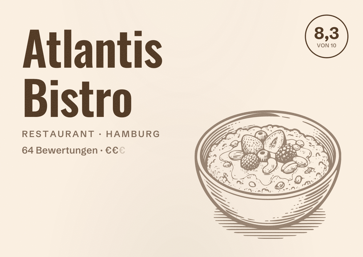 Illustriertes Poster von Atlantis Bistro, Restaurant in Hamburg: Bewertung 8,3 von 10 aus 64 Bewertungen, Preisniveau €€