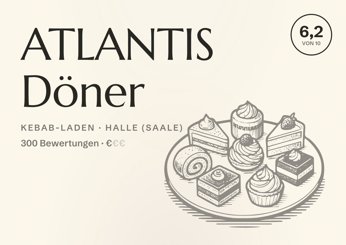 Illustriertes Poster von ATLANTIS Döner, Kebab-Laden in Halle (Saale): Bewertung 6,2 von 10 aus 300 Bewertungen, Preisniveau €