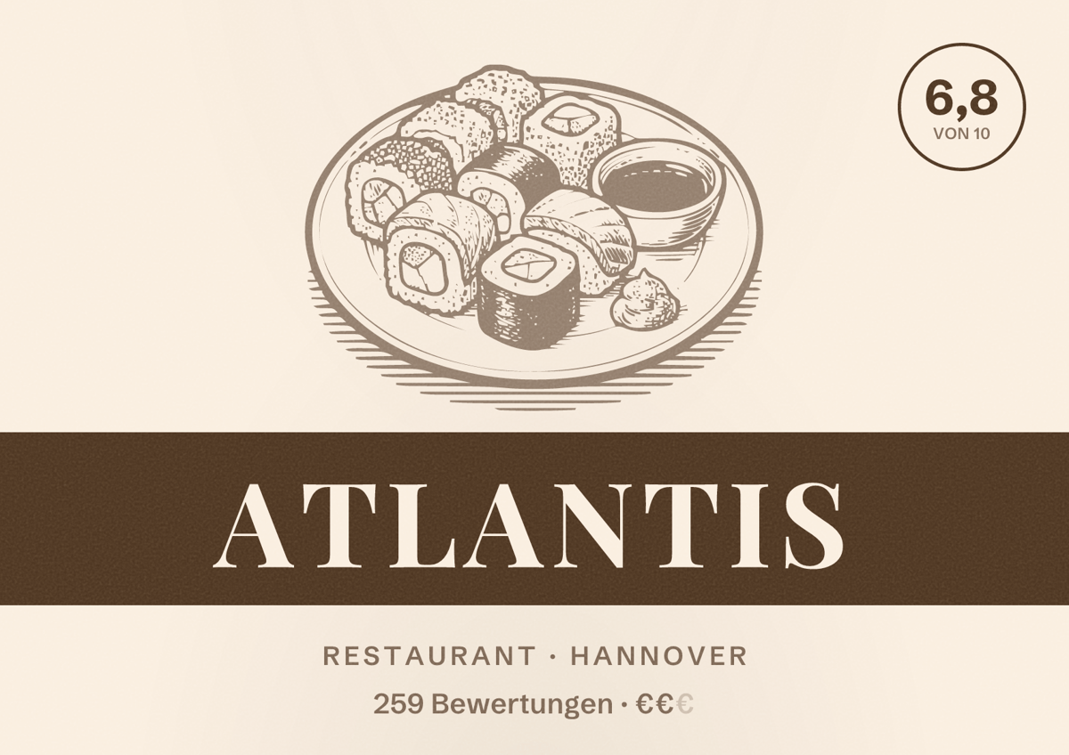 Illustriertes Poster von Atlantis, Restaurant in Hannover: Bewertung 6,8 von 10 aus 259 Bewertungen, Preisniveau €€