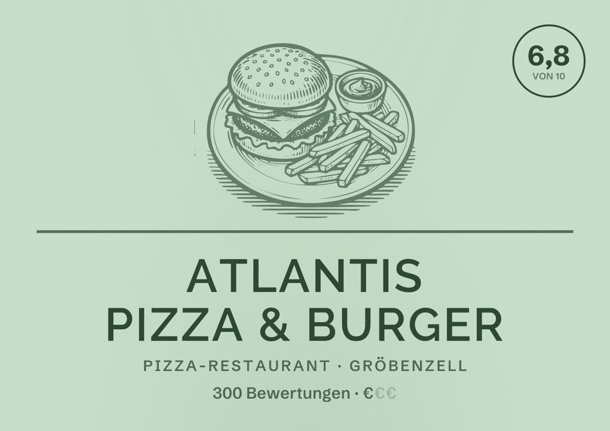Illustriertes Poster von ATLANTIS Pizza & Burger, Pizza-Restaurant in Gröbenzell: Bewertung 6,8 von 10 aus 300 Bewertungen, Preisniveau €