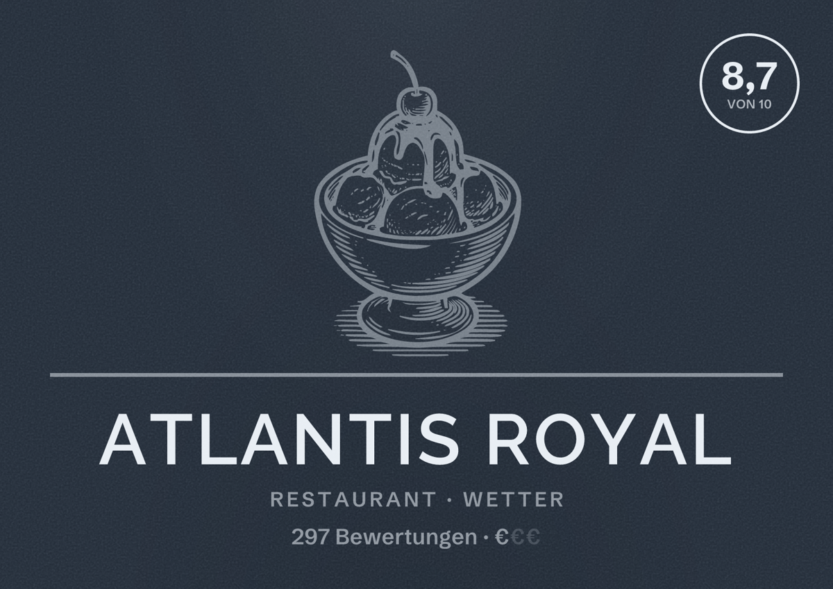 Illustriertes Poster von Atlantis Royal, Restaurant in Wetter: Bewertung 8,7 von 10 aus 297 Bewertungen, Preisniveau €