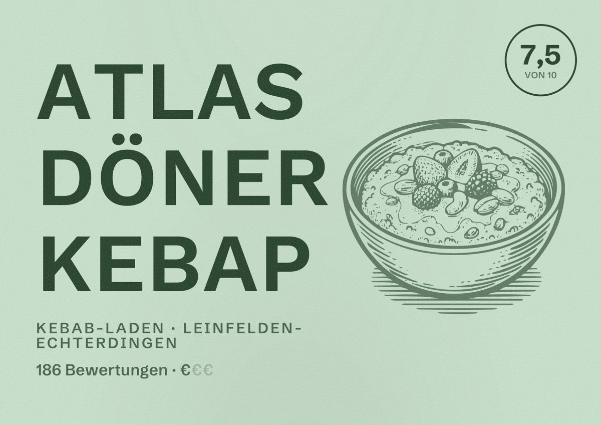 Illustriertes Poster von Atlas Döner Kebap, Kebab-Laden in Leinfelden-Echterdingen: Bewertung 7,5 von 10 aus 186 Bewertungen, Preisniveau €