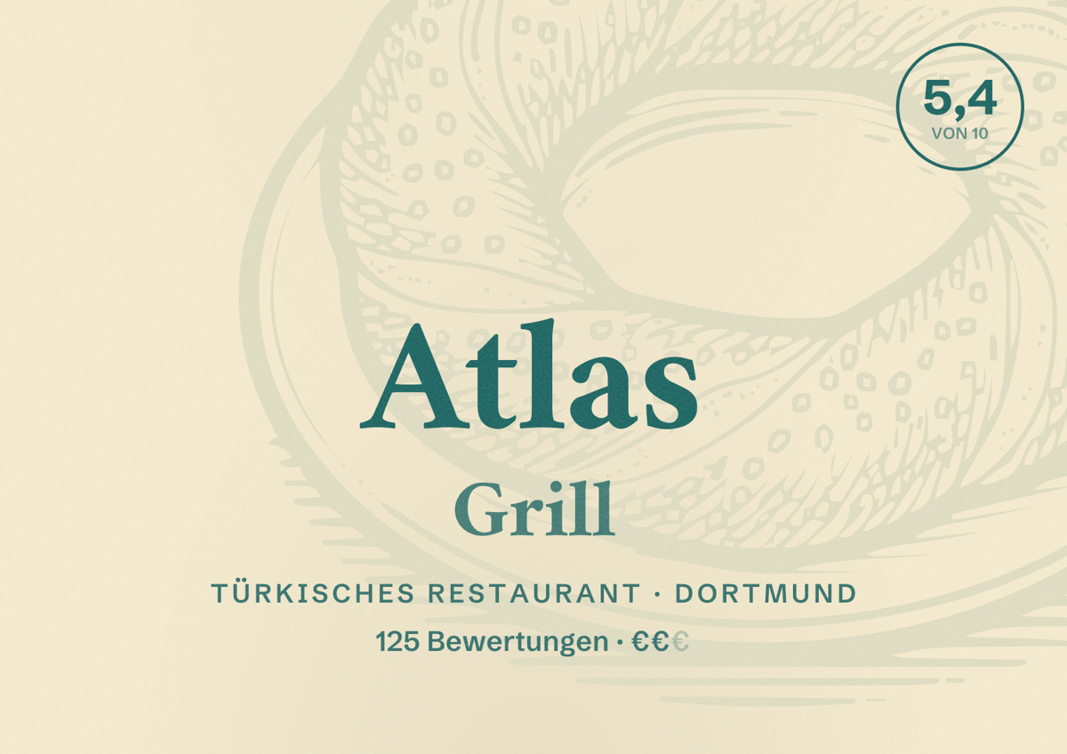 Illustriertes Poster von Atlas Grill, Türkisches Restaurant in Dortmund: Bewertung 5,4 von 10 aus 125 Bewertungen, Preisniveau €€