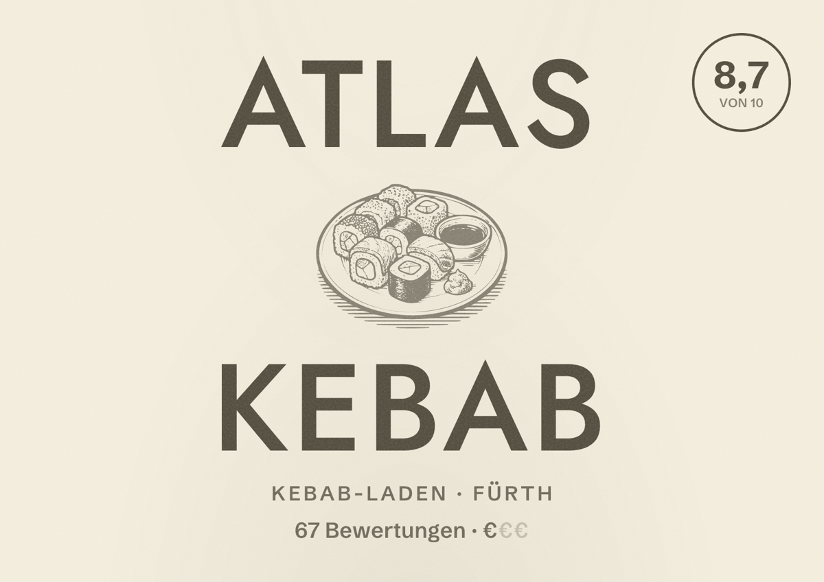 Illustriertes Poster von Atlas Kebab, Kebab-Laden in Fürth: Bewertung 8,7 von 10 aus 67 Bewertungen, Preisniveau €