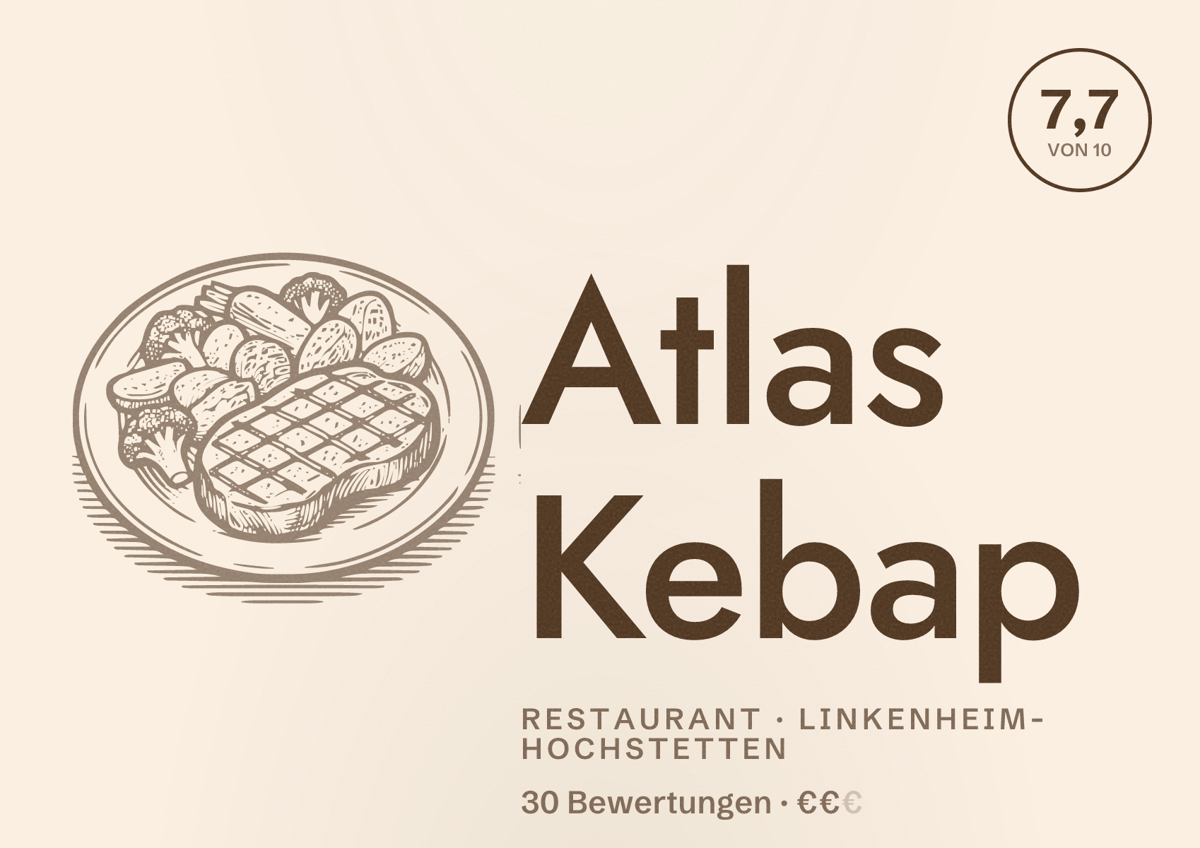 Illustriertes Poster von Atlas Kebap, Restaurant in Linkenheim-Hochstetten: Bewertung 7,7 von 10 aus 30 Bewertungen, Preisniveau €€