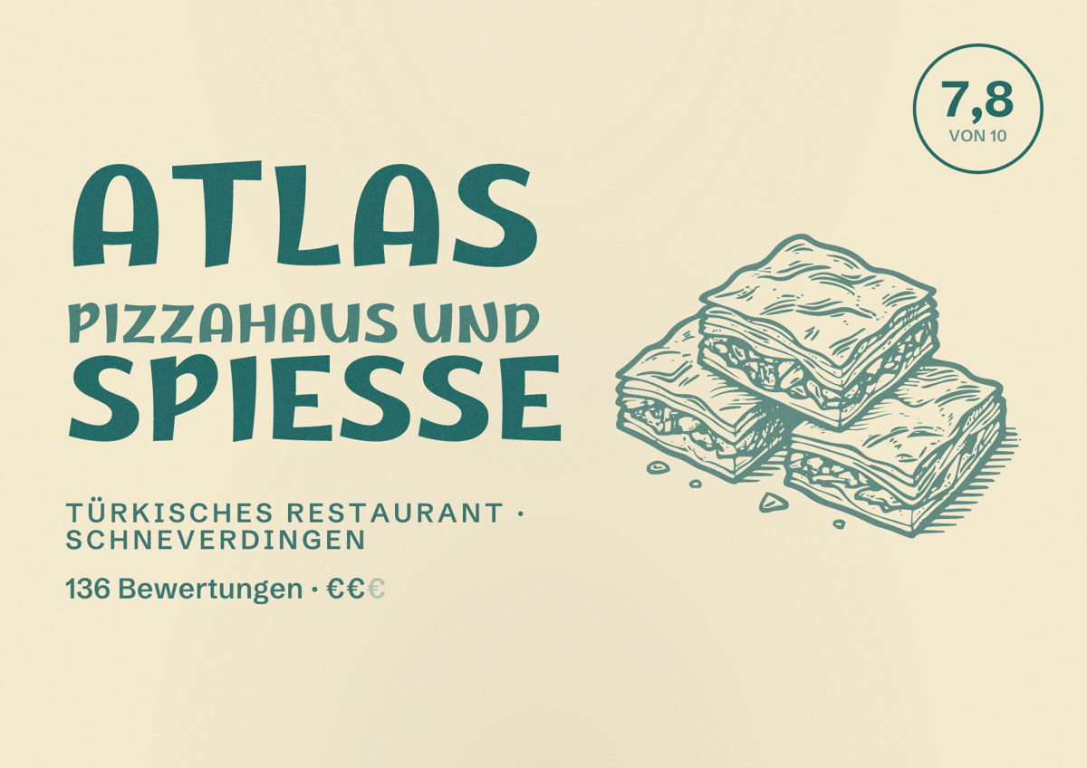 Illustriertes Poster von Atlas Pizzahaus und Spieße, Türkisches Restaurant in Schneverdingen: Bewertung 7,8 von 10 aus 136 Bewertungen, Preisniveau €€