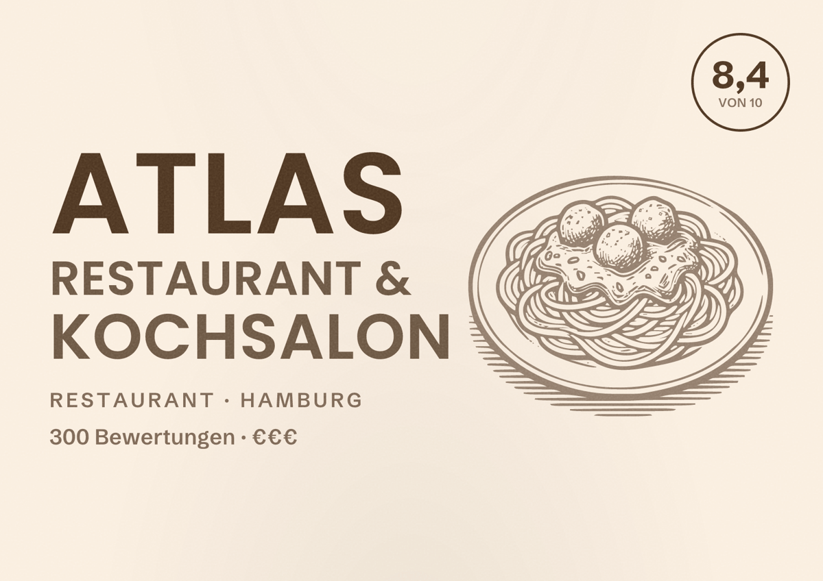 Illustriertes Poster von ATLAS Restaurant & Kochsalon, Restaurant in Hamburg: Bewertung 8,4 von 10 aus 300 Bewertungen, Preisniveau €€€