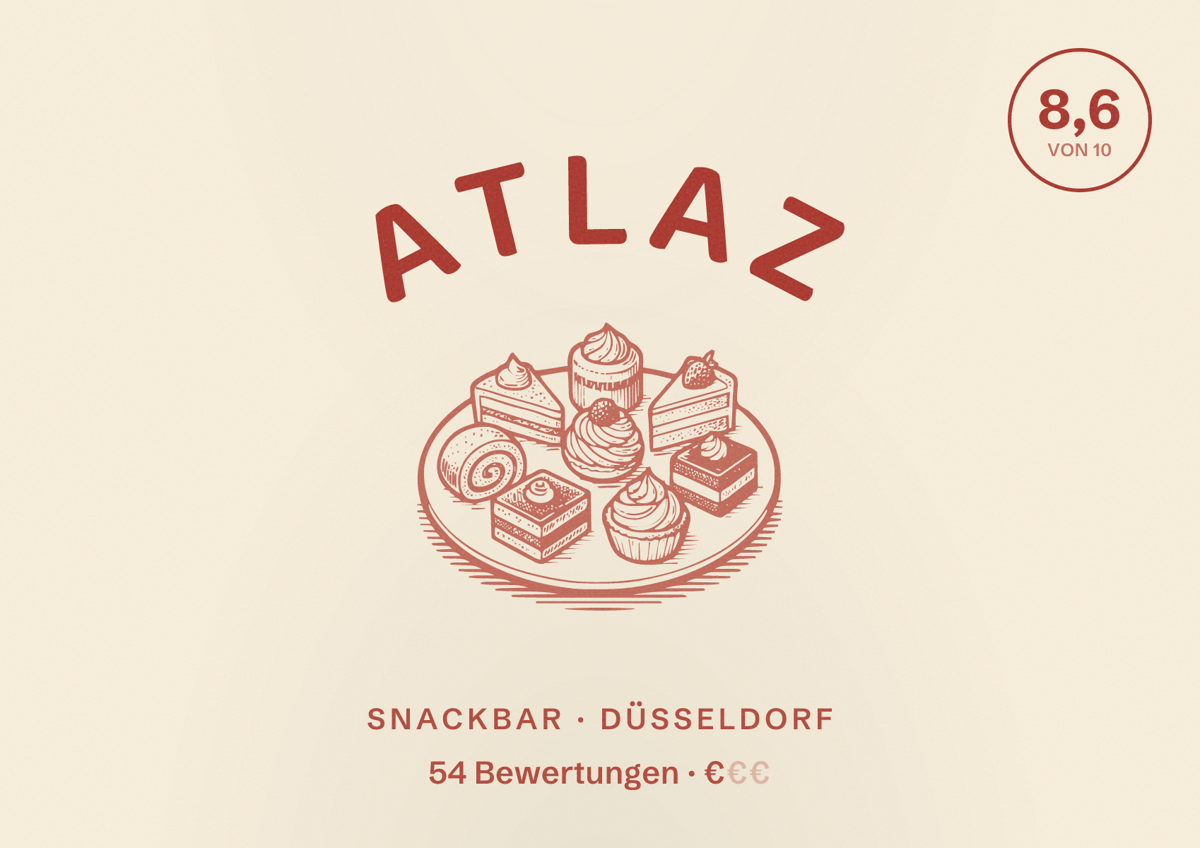 Illustriertes Poster von Atlaz, Snackbar in Düsseldorf: Bewertung 8,6 von 10 aus 54 Bewertungen, Preisniveau €