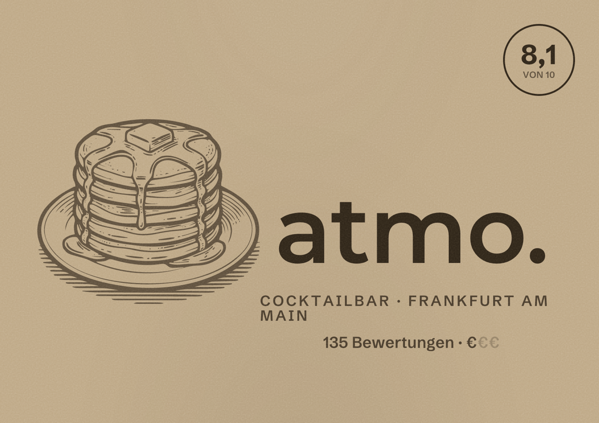 Illustriertes Poster von atmo., Cocktailbar in Frankfurt am Main: Bewertung 8,1 von 10 aus 135 Bewertungen, Preisniveau €