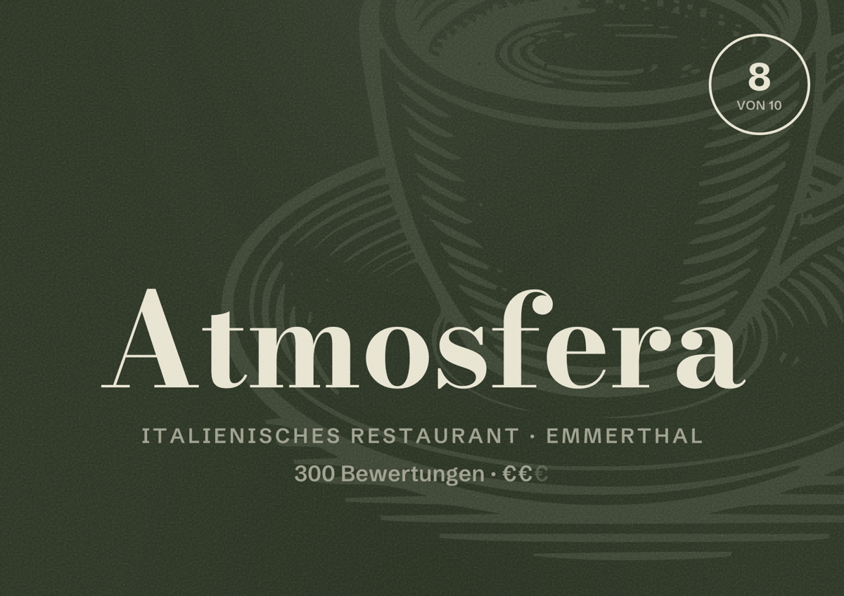 Illustriertes Poster von Atmosfera, Italienisches Restaurant in Emmerthal: Bewertung 8 von 10 aus 300 Bewertungen, Preisniveau €€