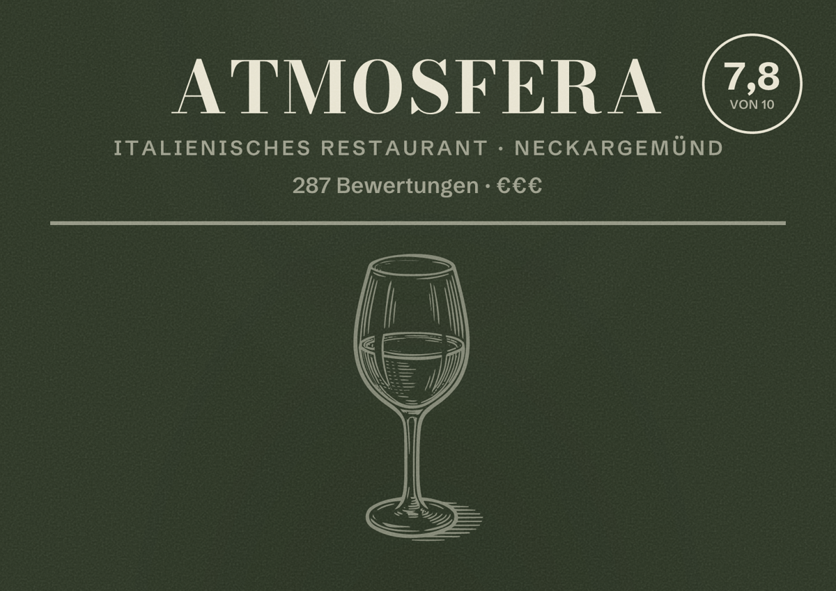 Illustriertes Poster von Atmosfera, Italienisches Restaurant in Neckargemünd: Bewertung 7,8 von 10 aus 287 Bewertungen, Preisniveau €€€