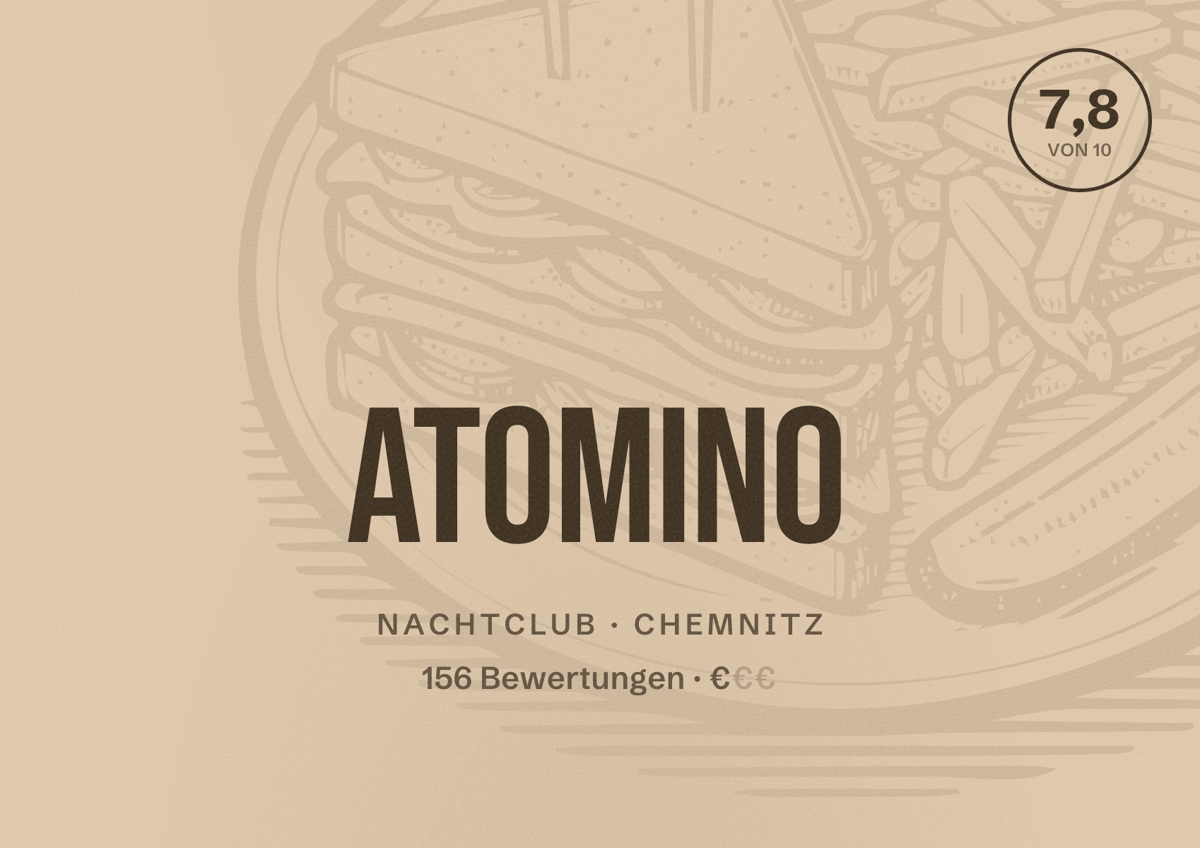 Illustriertes Poster von Atomino, Nachtclub in Chemnitz: Bewertung 7,8 von 10 aus 156 Bewertungen, Preisniveau €