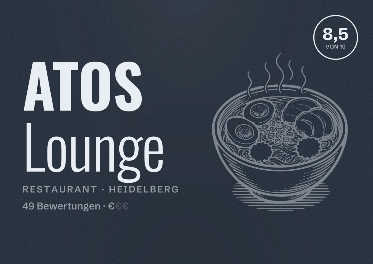 Illustriertes Poster von ATOS Lounge, Restaurant in Heidelberg: Bewertung 8,5 von 10 aus 49 Bewertungen, Preisniveau €