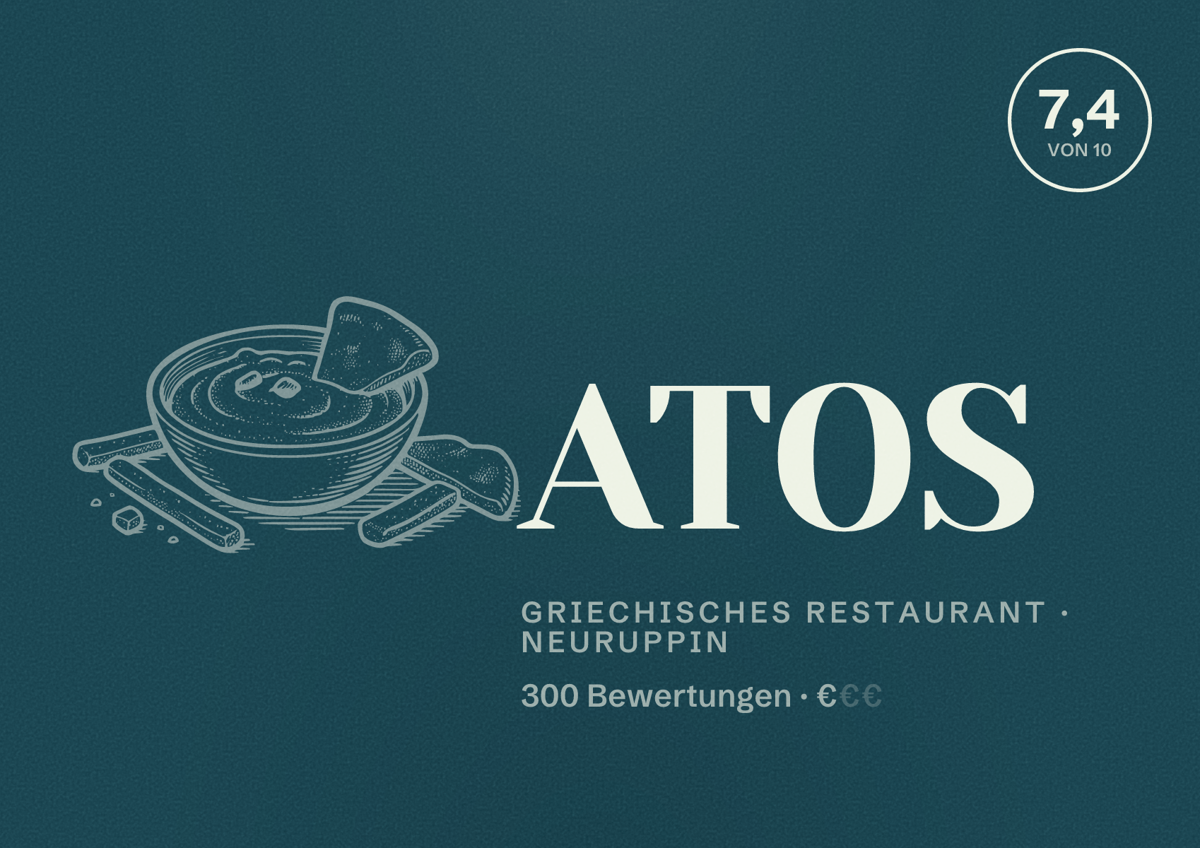 Illustriertes Poster von ATOS, Griechisches Restaurant in Neuruppin: Bewertung 7,4 von 10 aus 300 Bewertungen, Preisniveau €