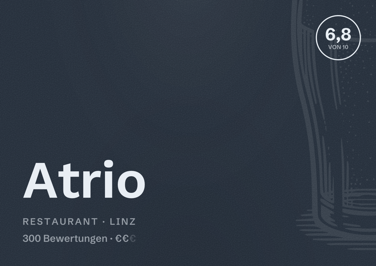 Illustriertes Poster von Atrio, Restaurant in Linz: Bewertung 6,8 von 10 aus 300 Bewertungen, Preisniveau €€