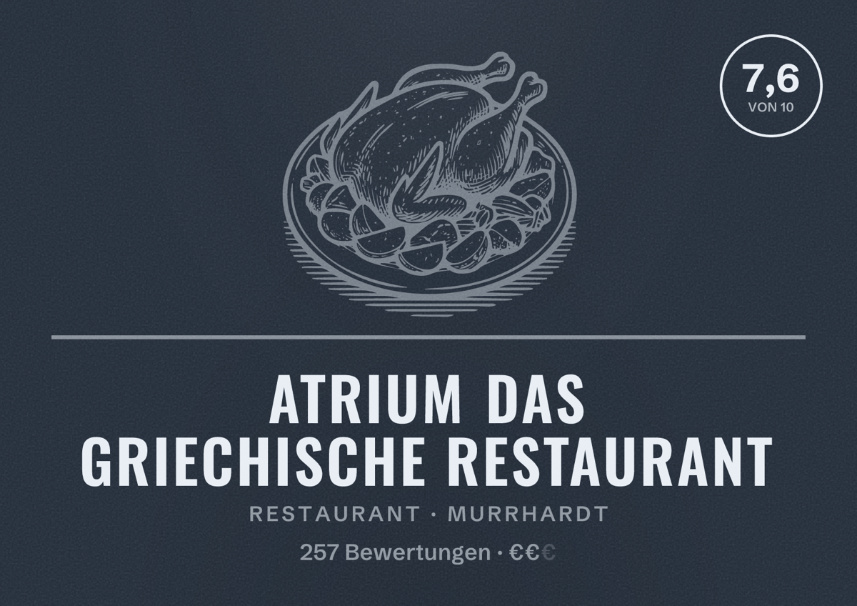 Illustriertes Poster von ATRIUM das griechische Restaurant, Restaurant in Murrhardt: Bewertung 7,6 von 10 aus 257 Bewertungen, Preisniveau €€
