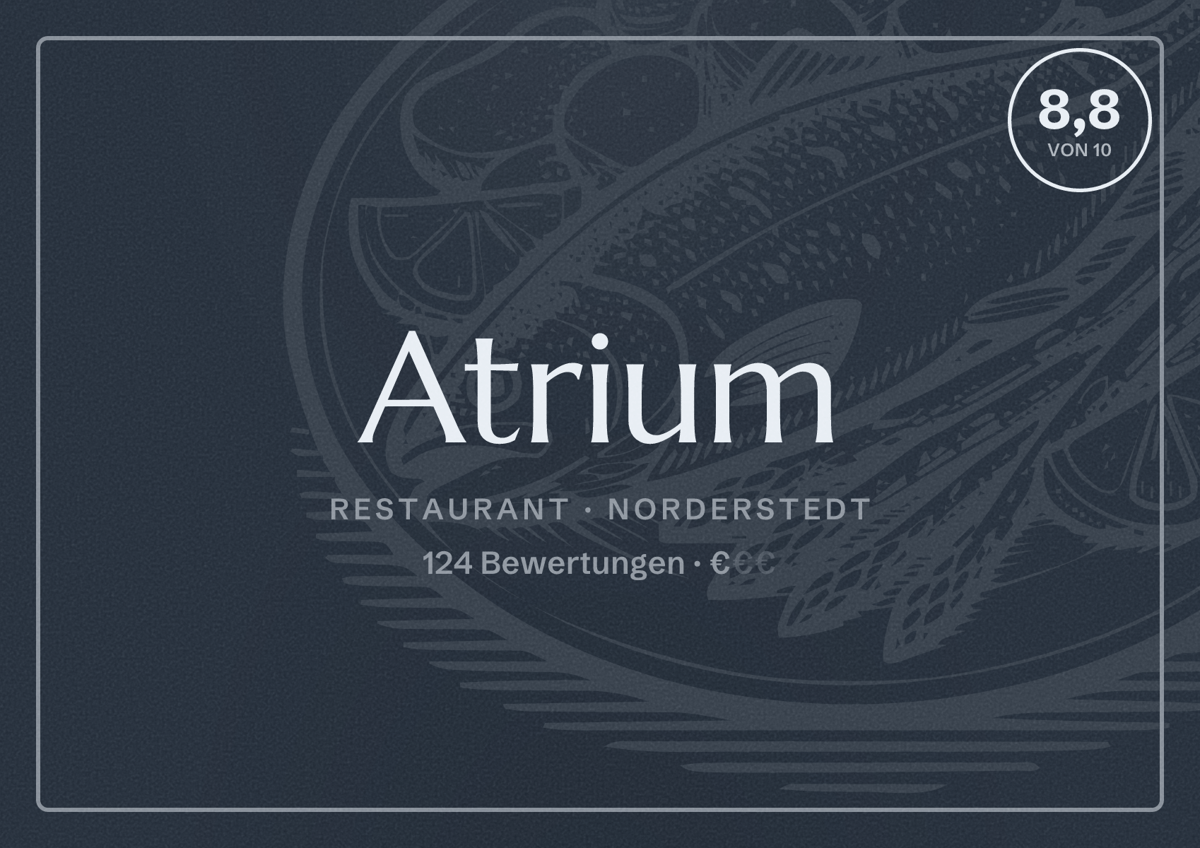 Illustriertes Poster von Atrium, Restaurant in Norderstedt: Bewertung 8,8 von 10 aus 124 Bewertungen, Preisniveau €
