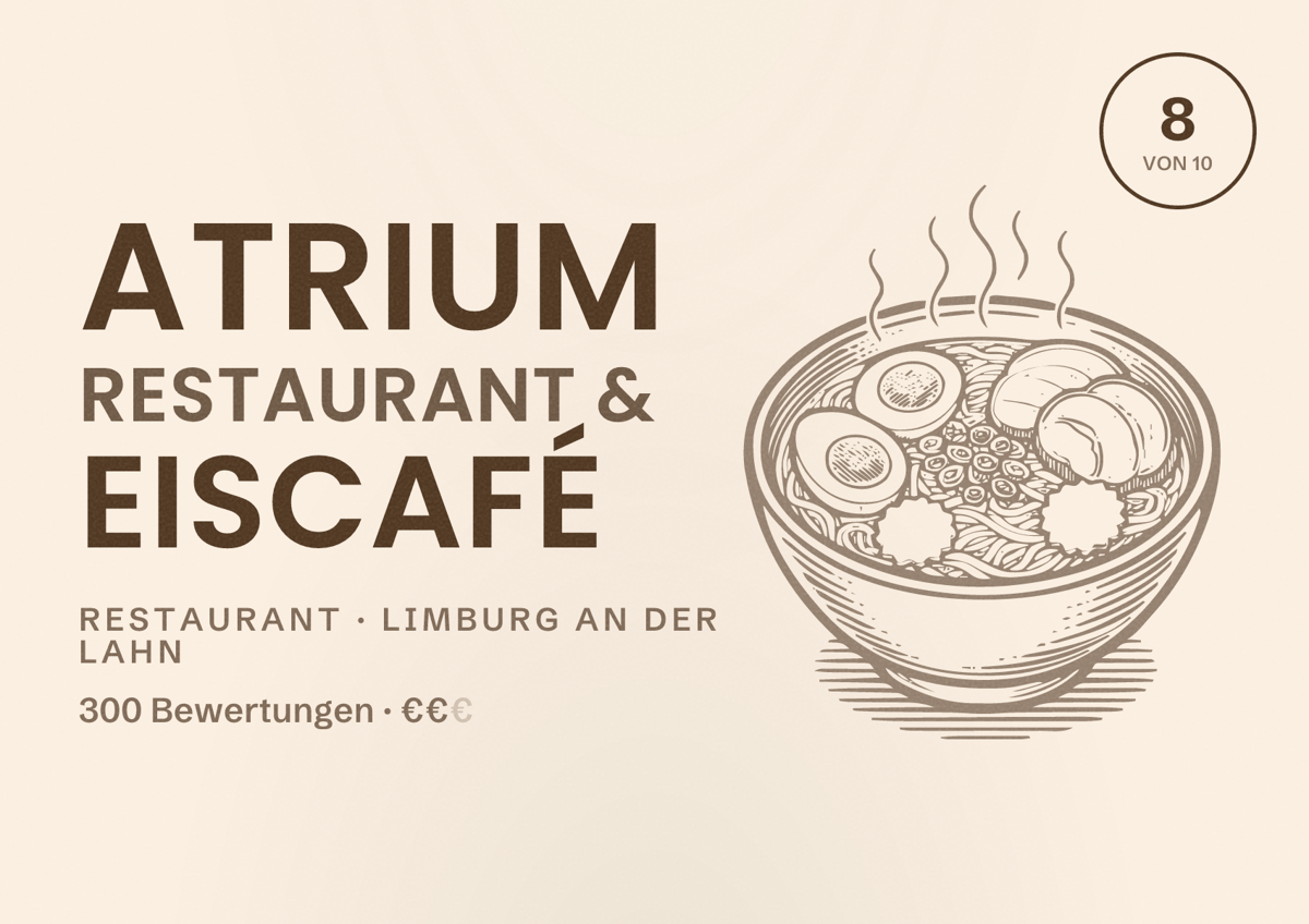 Illustriertes Poster von Atrium Restaurant & Eiscafé, Restaurant in Limburg an der Lahn: Bewertung 8 von 10 aus 300 Bewertungen, Preisniveau €€