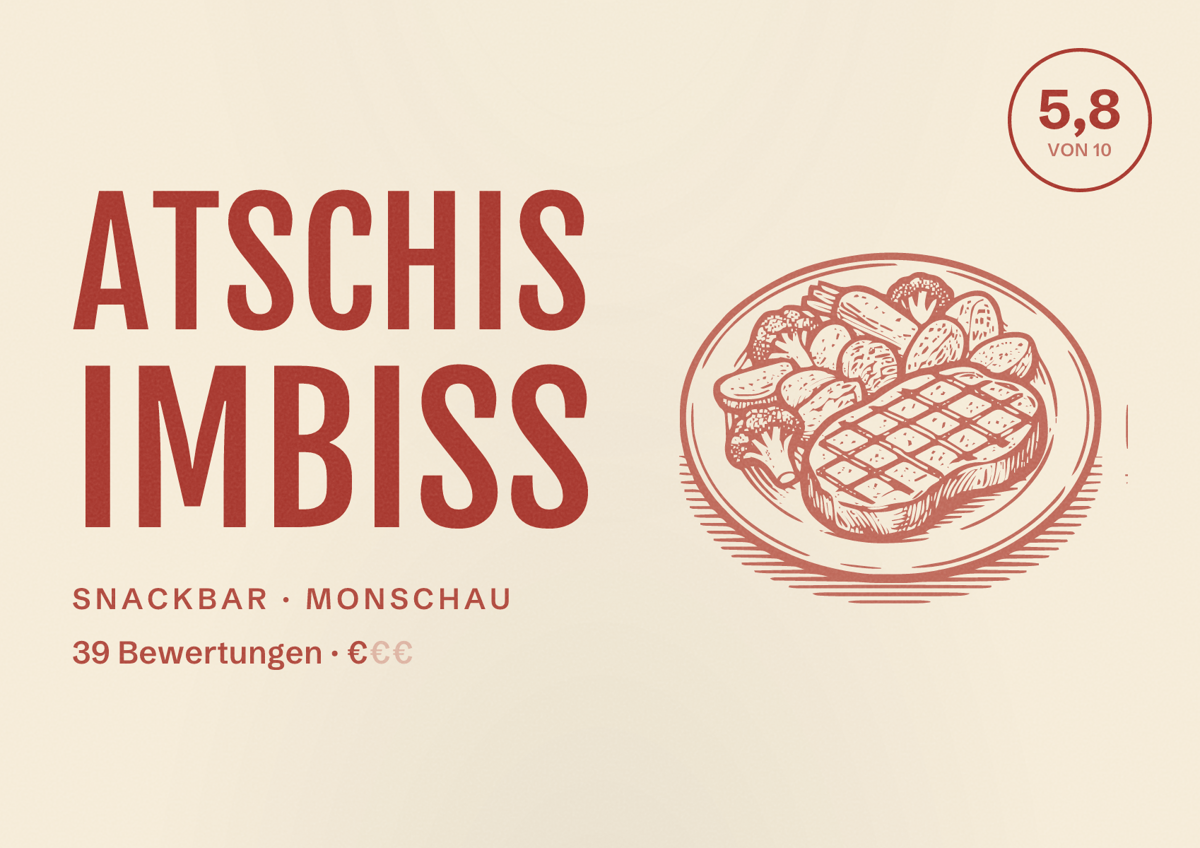 Illustriertes Poster von Atschis Imbiss, Snackbar in Monschau: Bewertung 5,8 von 10 aus 39 Bewertungen, Preisniveau €
