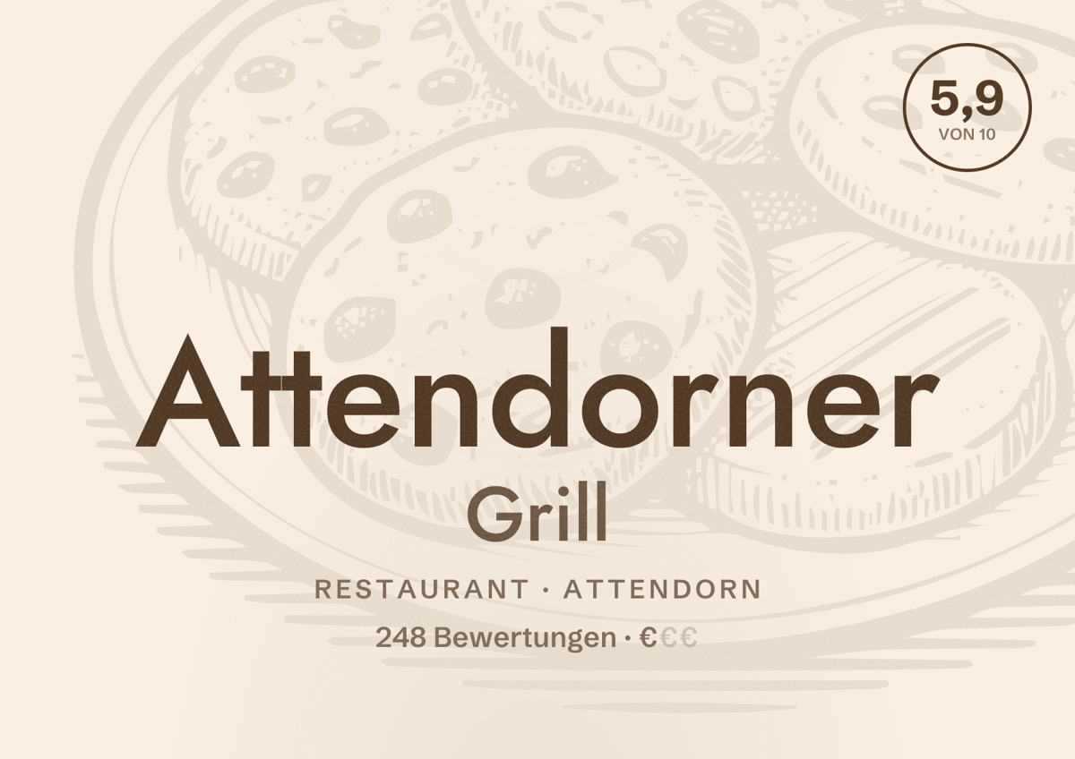 Illustriertes Poster von Attendorner Grill, Restaurant in Attendorn: Bewertung 5,9 von 10 aus 248 Bewertungen, Preisniveau €