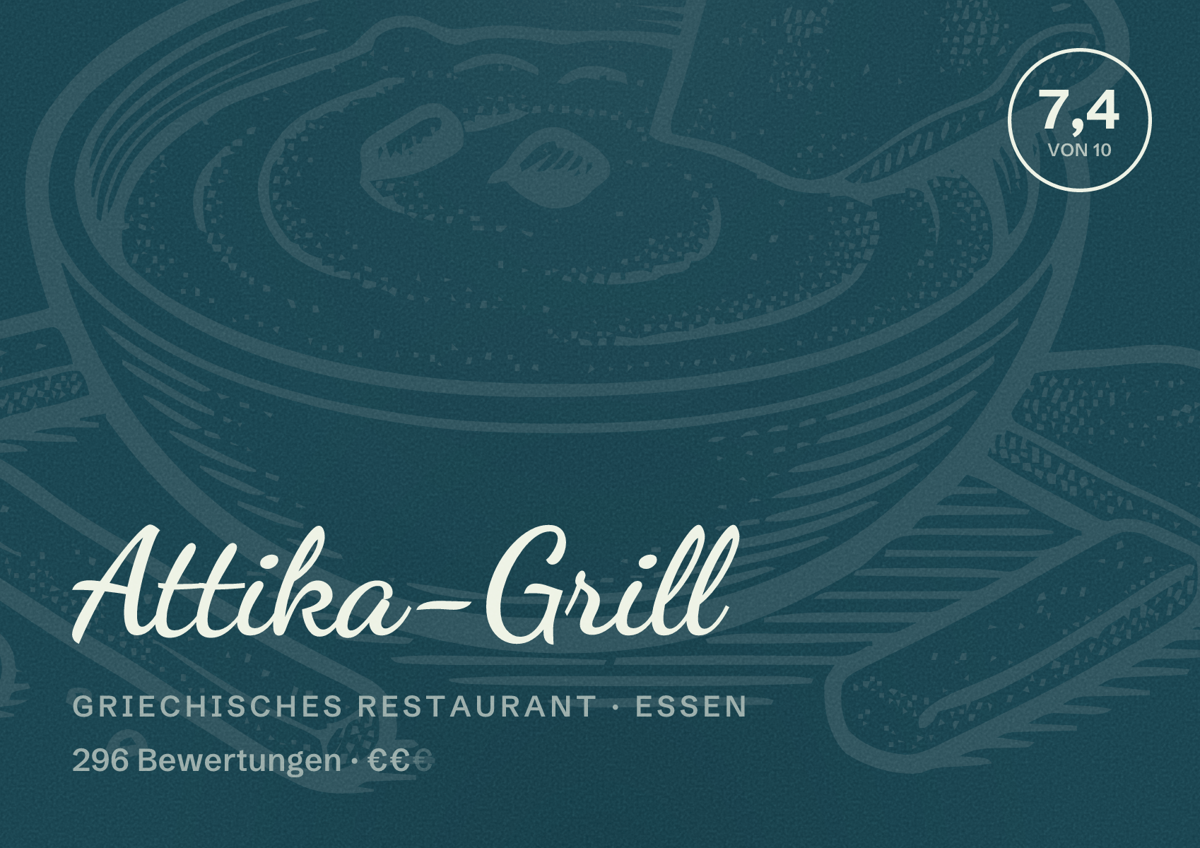 Illustriertes Poster von Attika-Grill, Griechisches Restaurant in Essen: Bewertung 7,4 von 10 aus 296 Bewertungen, Preisniveau €€
