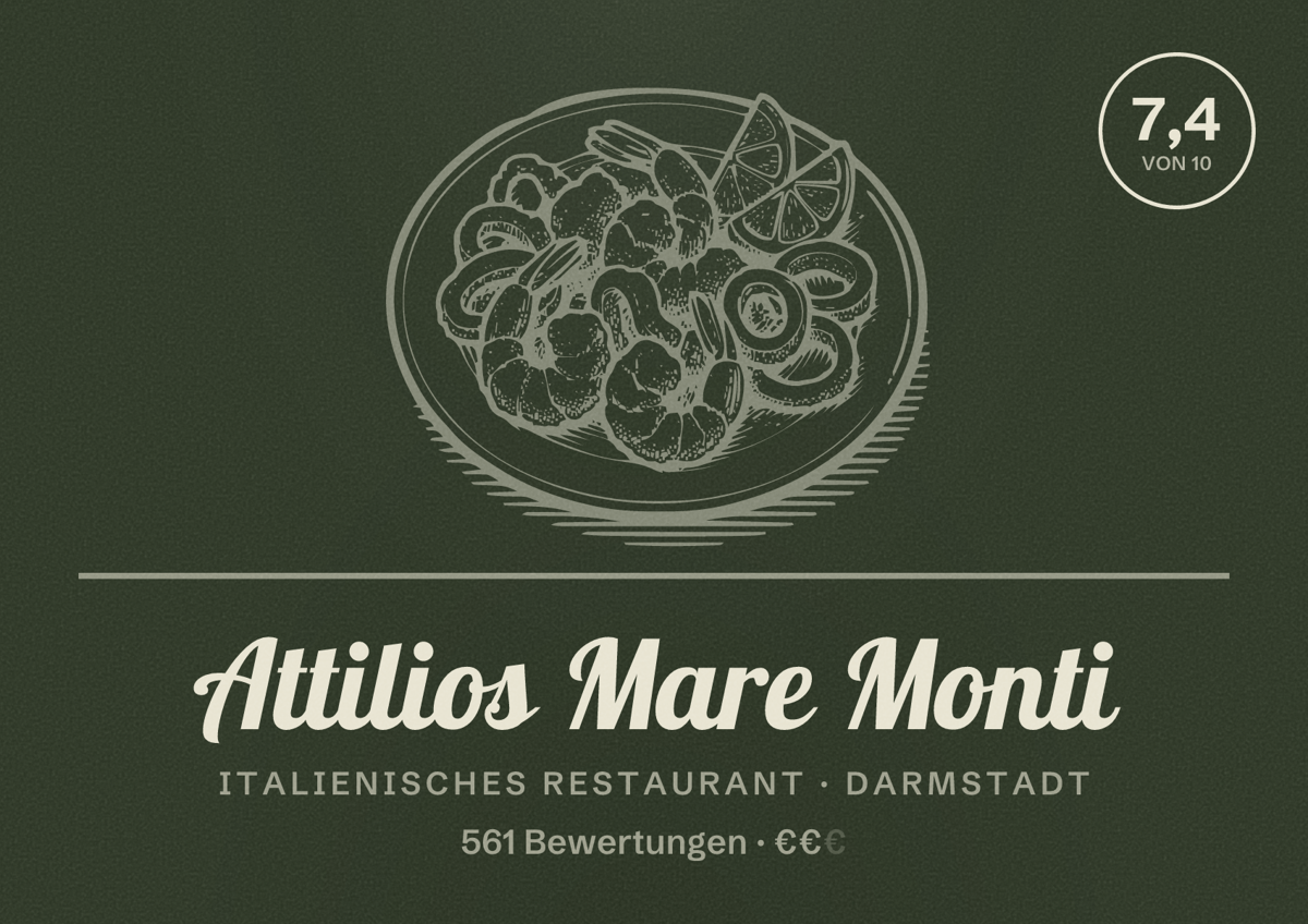 Illustriertes Poster von Attilios Mare Monti, Italienisches Restaurant in Darmstadt: Bewertung 7,4 von 10 aus 561 Bewertungen, Preisniveau €€