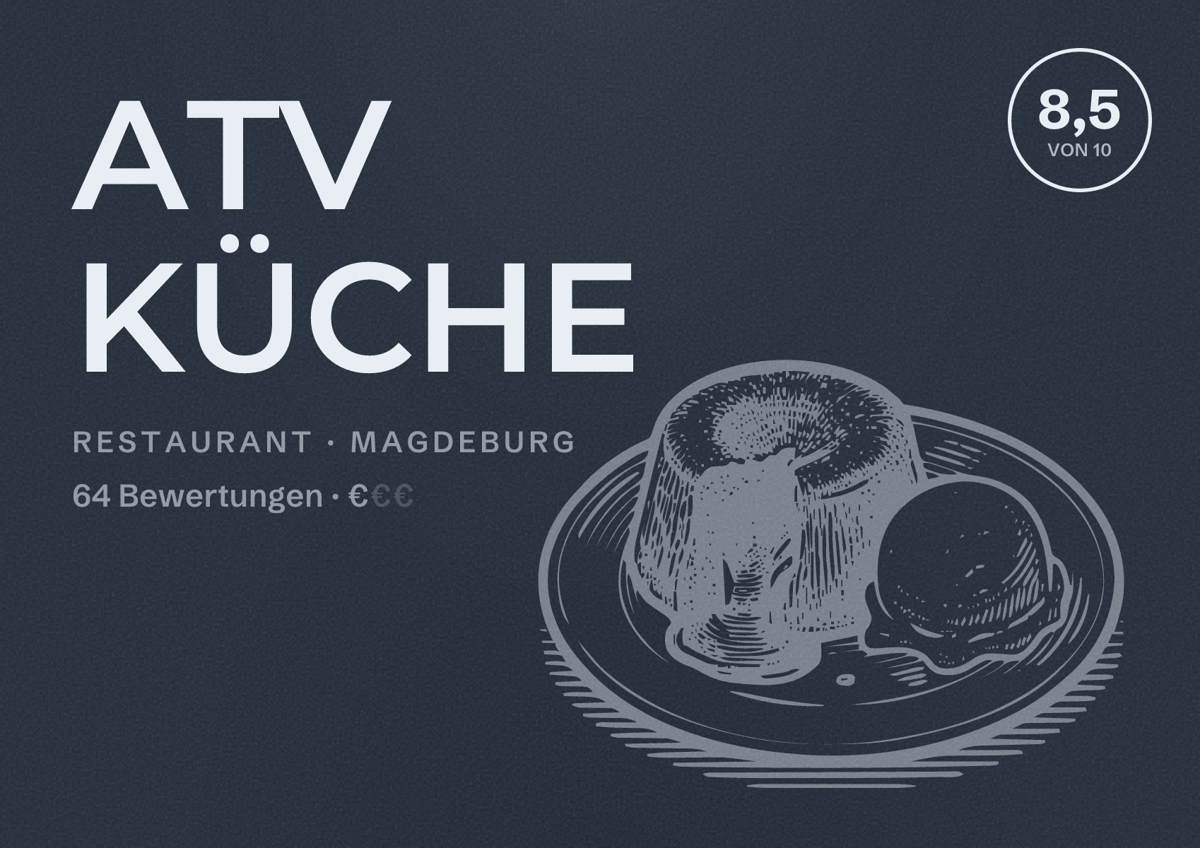 Illustriertes Poster von ATV KÜCHE, Restaurant in Magdeburg: Bewertung 8,5 von 10 aus 64 Bewertungen, Preisniveau €